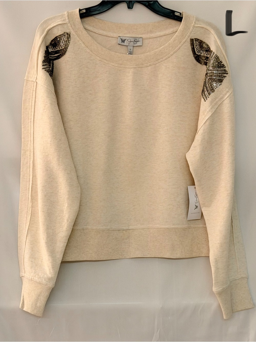 Jessica Simpson Cream Crewneck Sweatshirt with Beaded Shoulder Accents